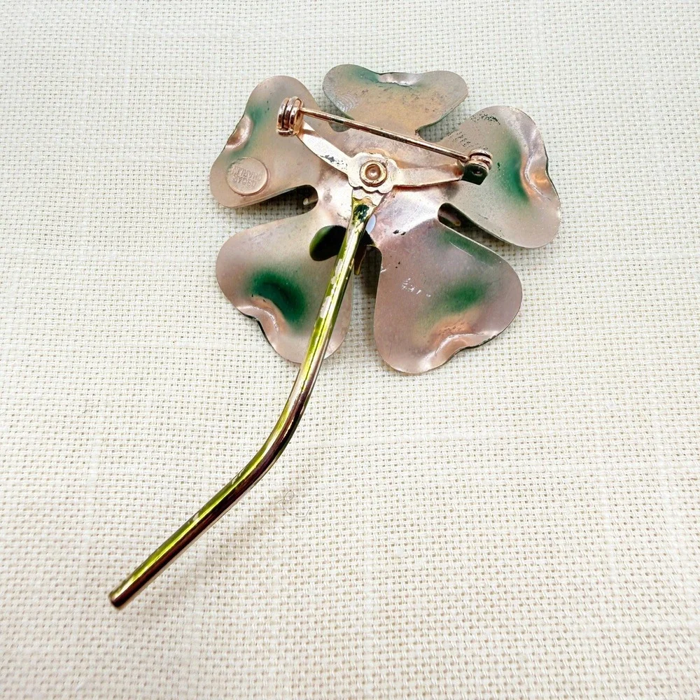 Vintage Retro 60s Oscar Charlin Green Enamel Flower Brooch
